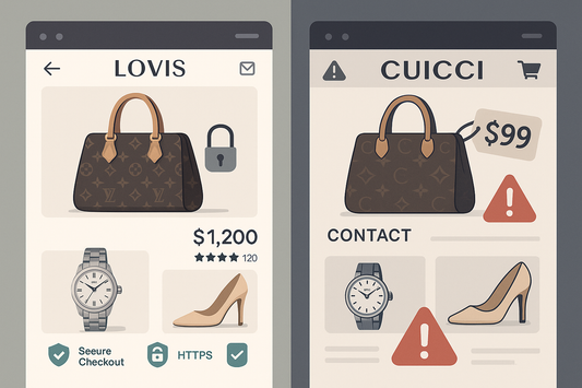 Side-by-side comparison of a legitimate designer trainer website and a potentially unsafe replica site, highlighting differences in layout, branding, and trust signals—used to educate shoppers on how to avoid scams when buying replica trainers online.
