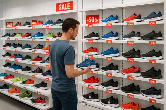 Man browsing the sale section of a UK trainer store, searching for discounted designer sneakers—highlighting affordable shopping options featured in the blog post.