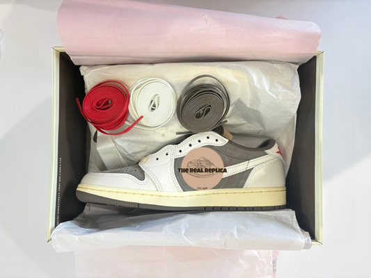 Replica J1 Retro Low - Reverse Mocha with brown suede and white leather panels with cream detailing and red, white and brown lace options. Affordable designer trainers, high quality replica trainers UK, best place where to buy replica trainers UK.