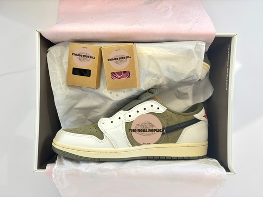 Box view of our replica J1 Retro Low - Reverse Olive with suede green and white leather panels, black tick and pink, black and white lace options. High quality replica designer trainers UK, best fake designer trainers UK, perfect affordable designer sneaker alternative under £100 UK.