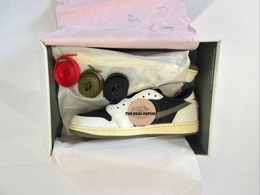 Replica J1 Retro Low - Olive with black and white panels and olive green tick. Red, olive green and black lace options. Budget designer trainers UK, designer sneaker alternatives UK, high quality replica trainers UK.