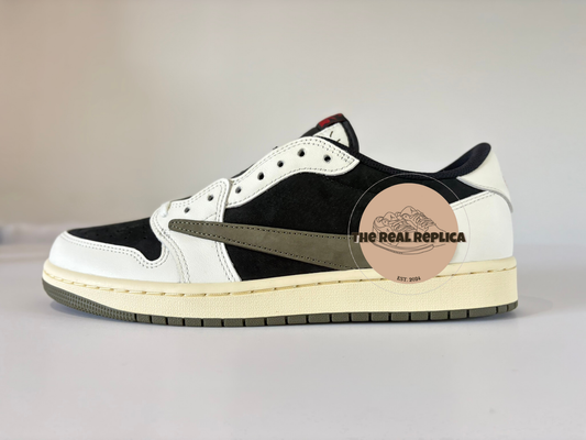 Replica J1 Retro Low - Olive with black and white panels and olive green tick. Budget designer trainers UK, designer sneaker alternatives UK, high quality replica trainers UK