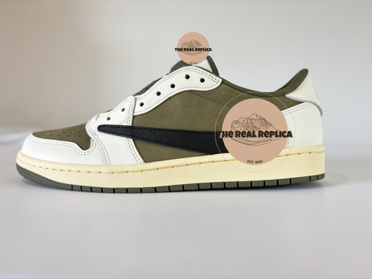 Replica J1 Retro Low OG SP - Reverse Olive with suede green and white leather panels and black leather. Fake designer trainers UK, designer trainer dupes, high quality replica trainers UK.